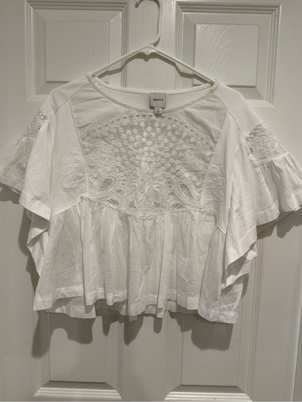 Maeve White Cotton Embroidered Ruffled Peasant Top